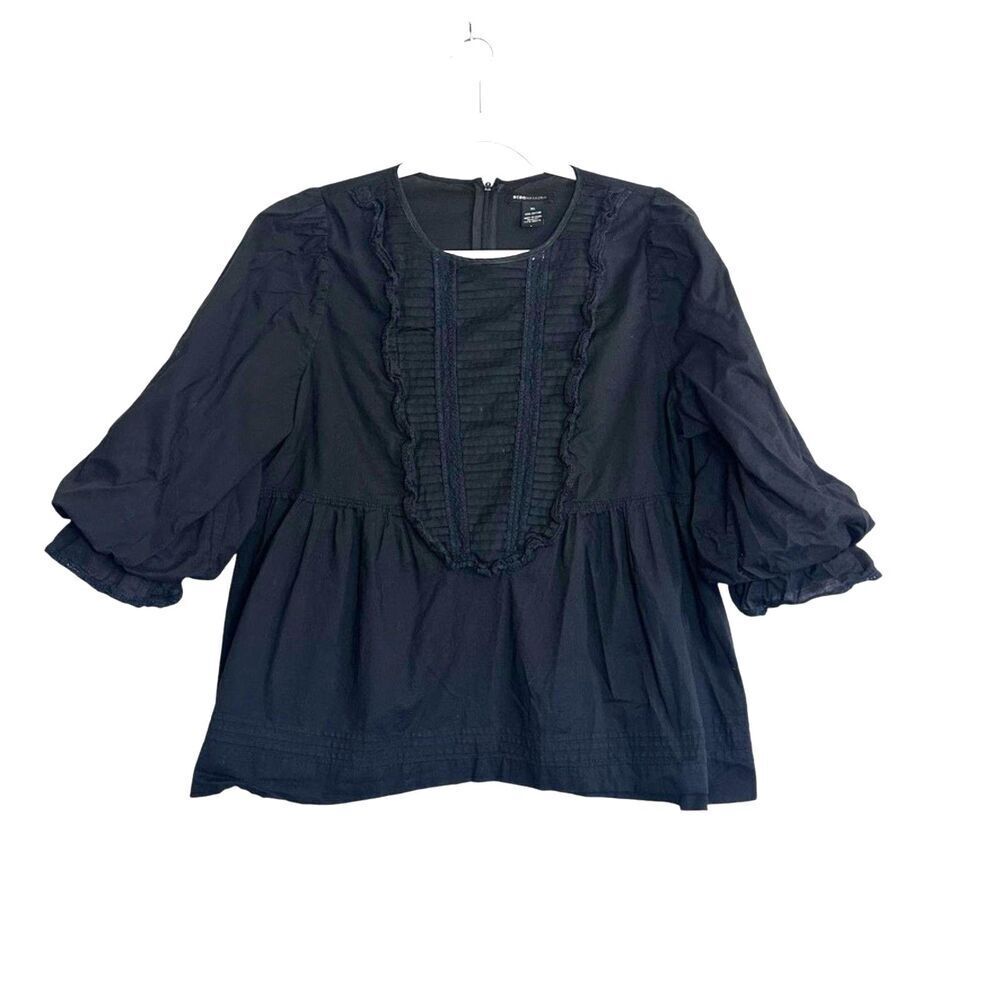 BCBG Maxazria Ruffled‎ Ballon Sleeve Blouse Women XL Black Boho Casual